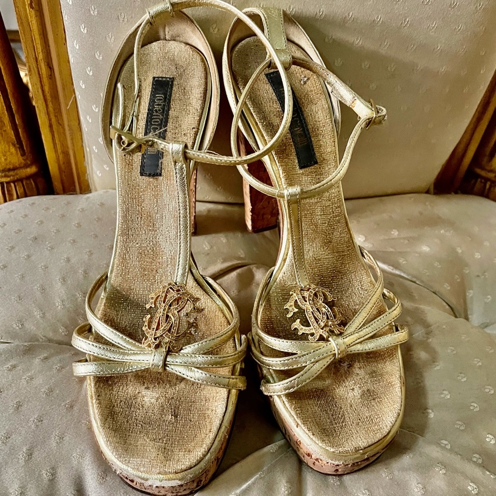 Roberto Cavalli Gold Ankle Straps Platforms